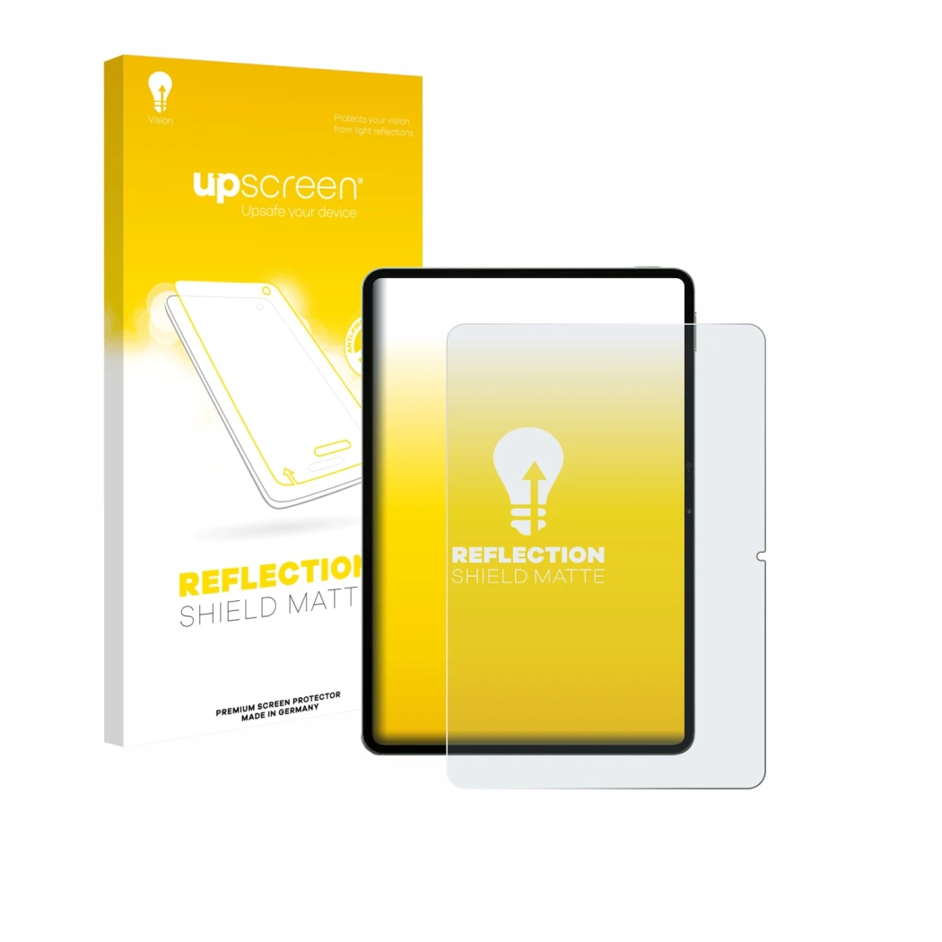 Parte frontal de un envase de producto con el logotipo de la marca upscreen. Al lado se muestra el dispositivo Xiaomi Pad 8 Pr