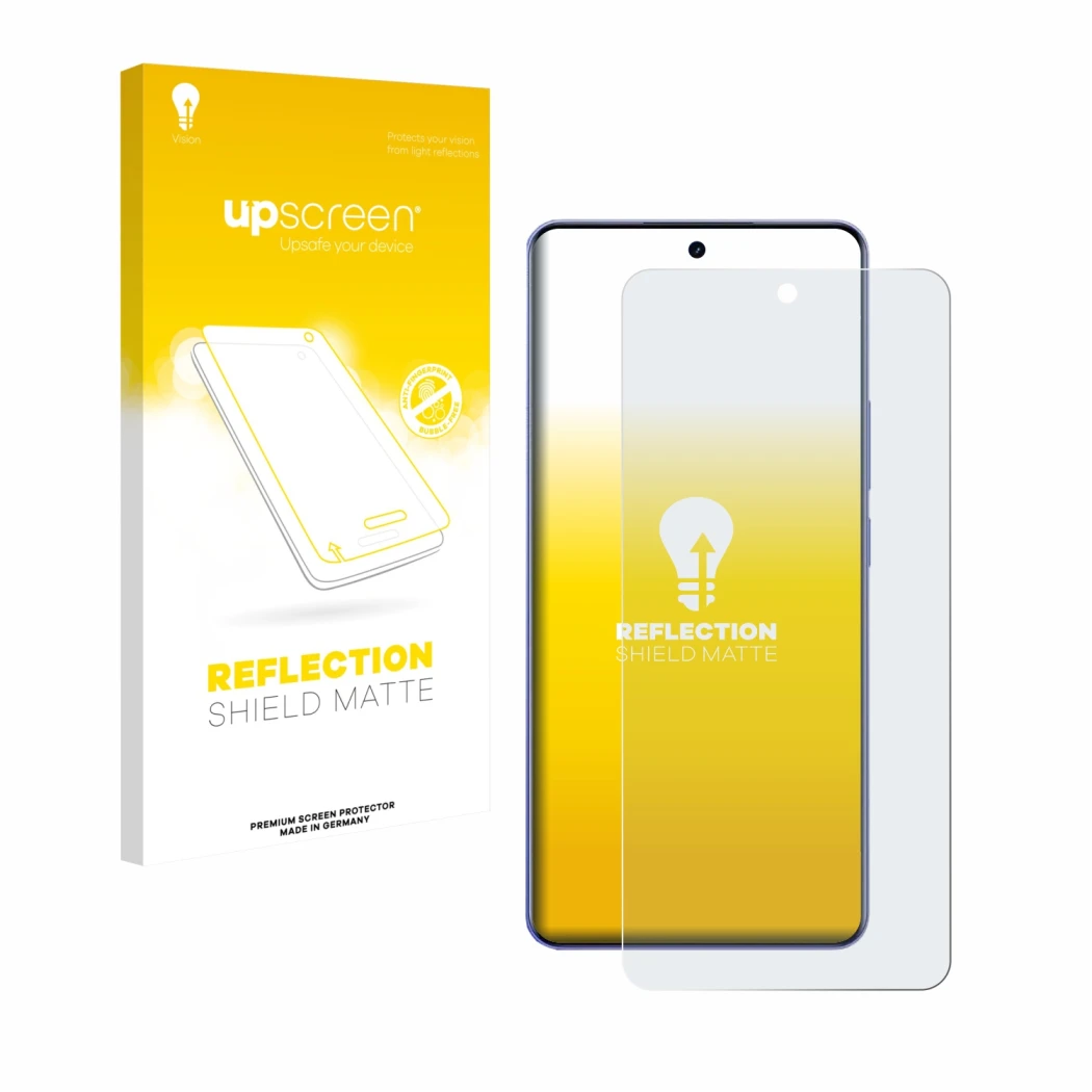 Parte frontal de un envase de producto con el logotipo de la marca upscreen. Al lado se muestra el dispositivo realme Narzo Po