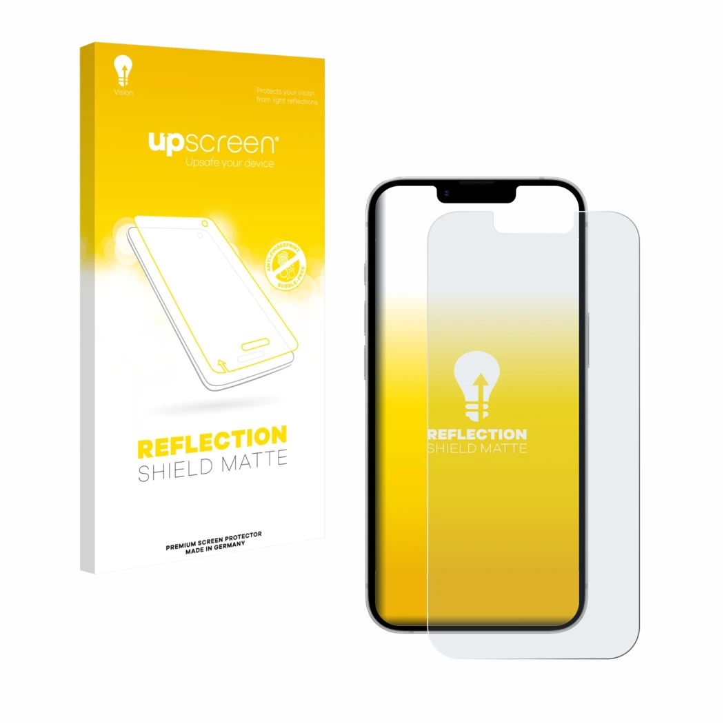 Parte frontal de un envase de producto con el logotipo de la marca upscreen. Al lado se muestra el dispositivo Apple iPhone 17