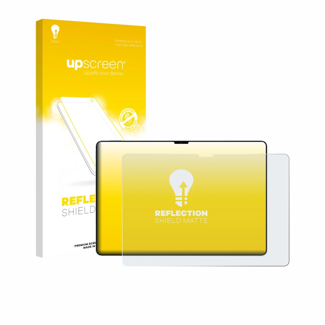 Parte frontal de un envase de producto con el logotipo de la marca upscreen. Al lado se muestra el dispositivo Xiaomi Pad 7 Ul