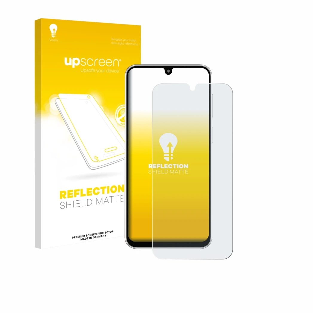 Parte frontal de un envase de producto con el logotipo de la marca upscreen. Al lado se muestra el dispositivo Samsung Galaxy 