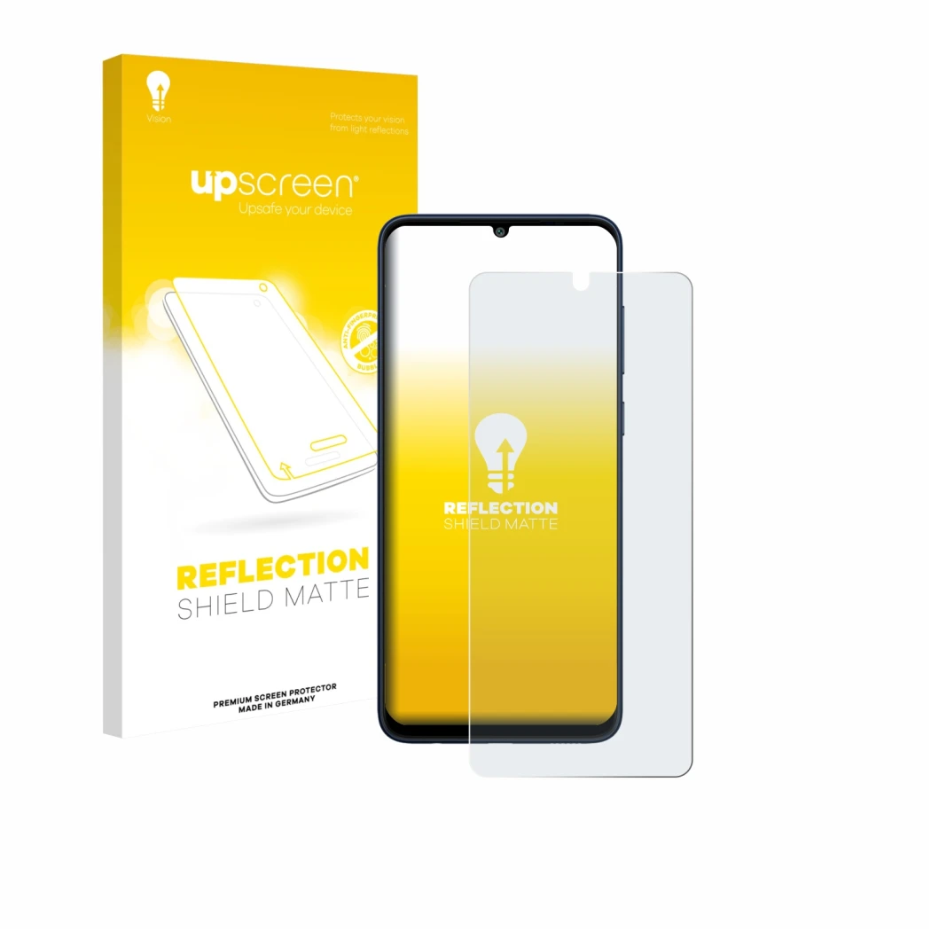 Parte frontal de un envase de producto con el logotipo de la marca upscreen. Al lado se muestra el dispositivo Samsung Galaxy