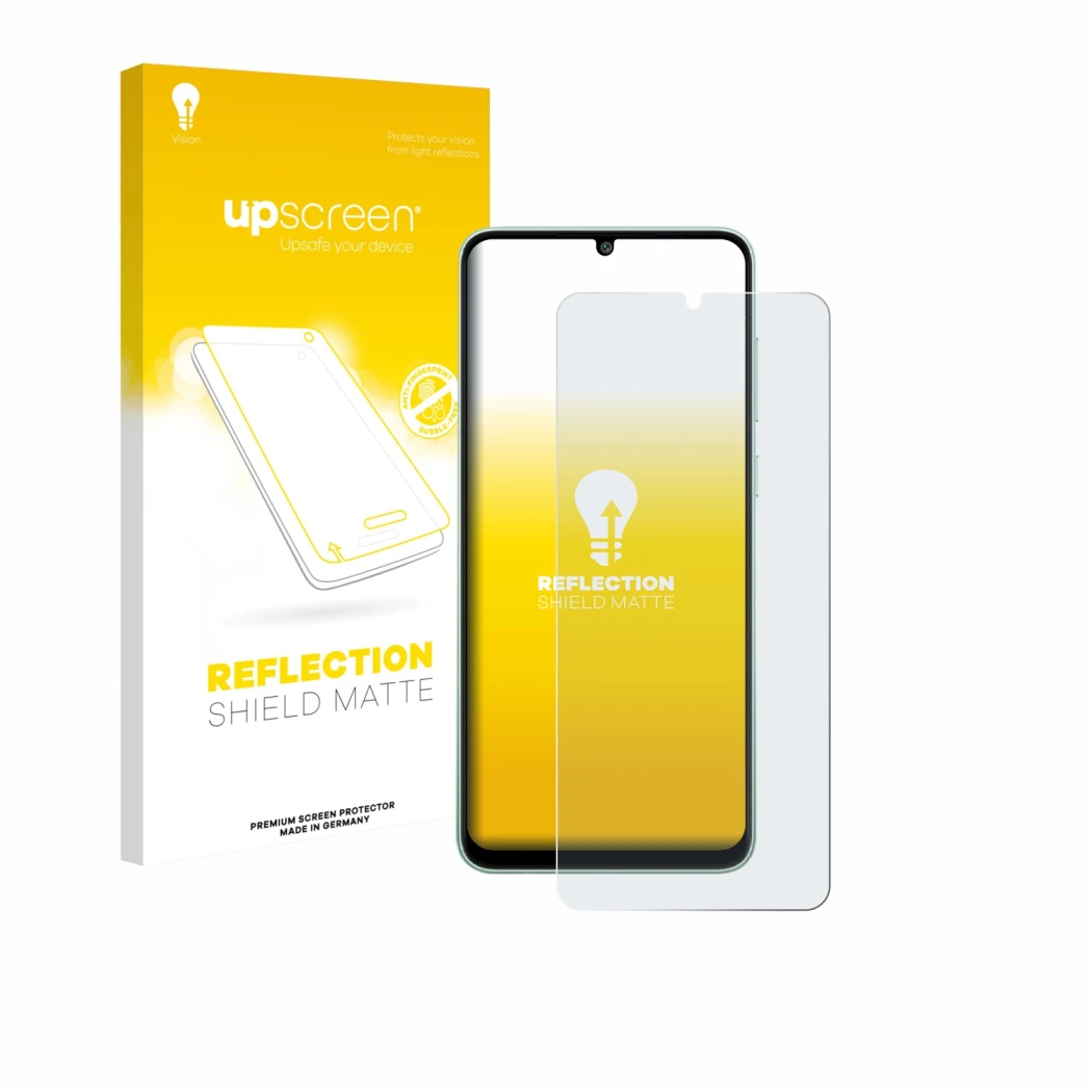 Parte frontal de un envase de producto con el logotipo de la marca upscreen. Al lado se muestra el dispositivo Samsung Galaxy