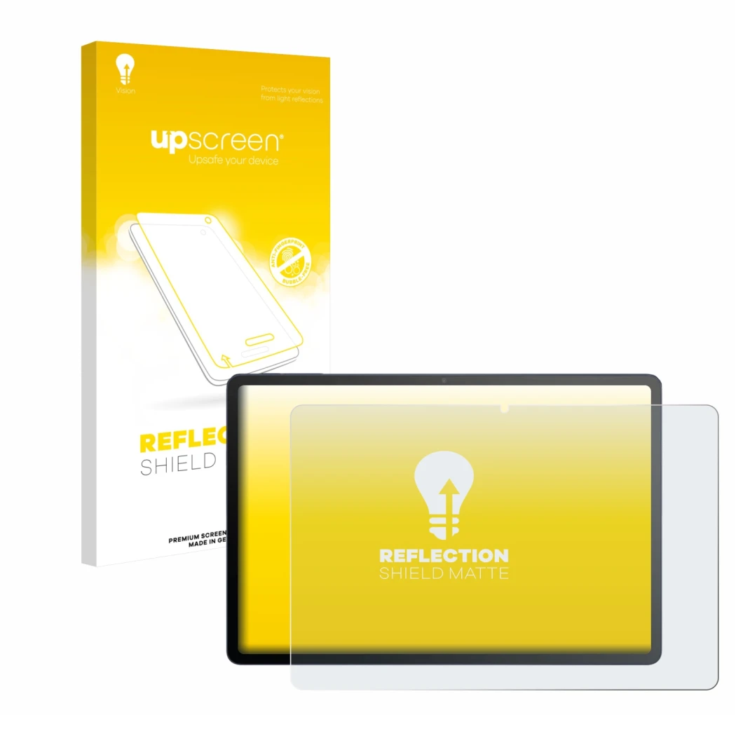 Parte frontal de un envase de producto con el logotipo de la marca upscreen. Al lado se muestra el dispositivo TCL Tab A1 Plus