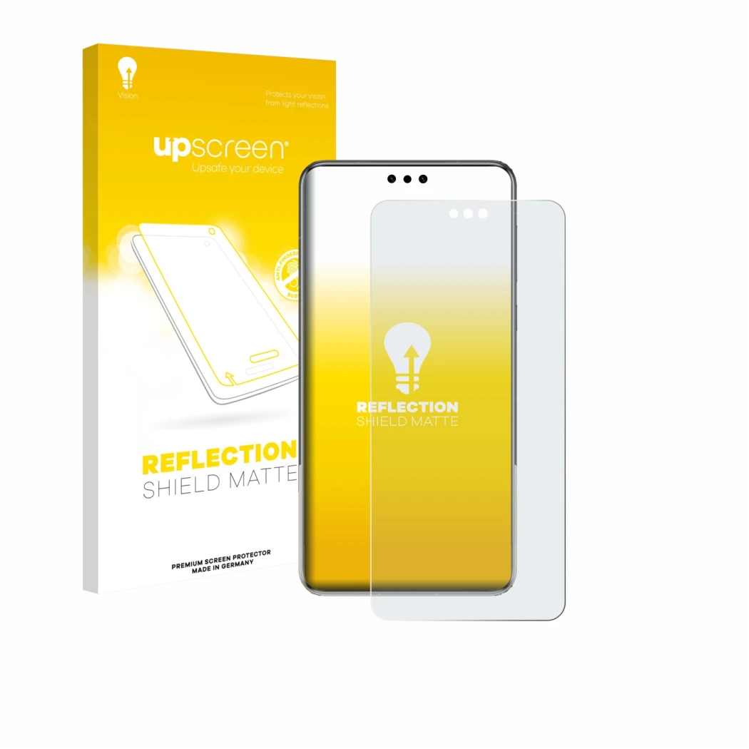 Parte frontal de un envase de producto con el logotipo de la marca upscreen. Al lado se muestra el dispositivo Huawei Mate 60 