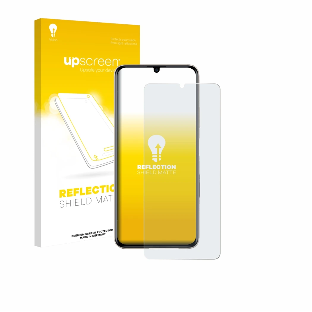 Parte frontal de un envase de producto con el logotipo de la marca upscreen. Al lado se muestra el dispositivo Huawei Nova Y71