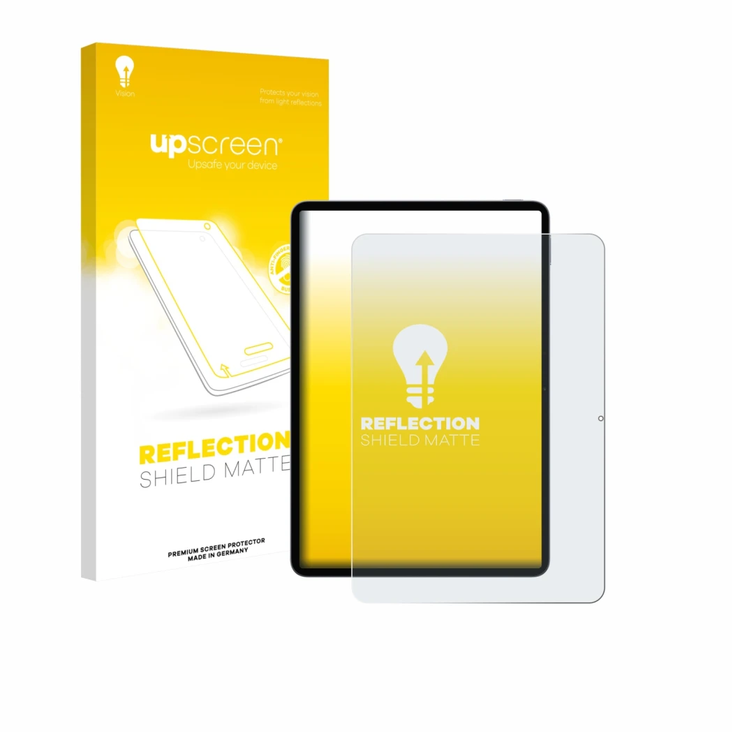 Parte frontal de un envase de producto con el logotipo de la marca upscreen. Al lado se muestra el dispositivo Xiaomi Pad 8 co