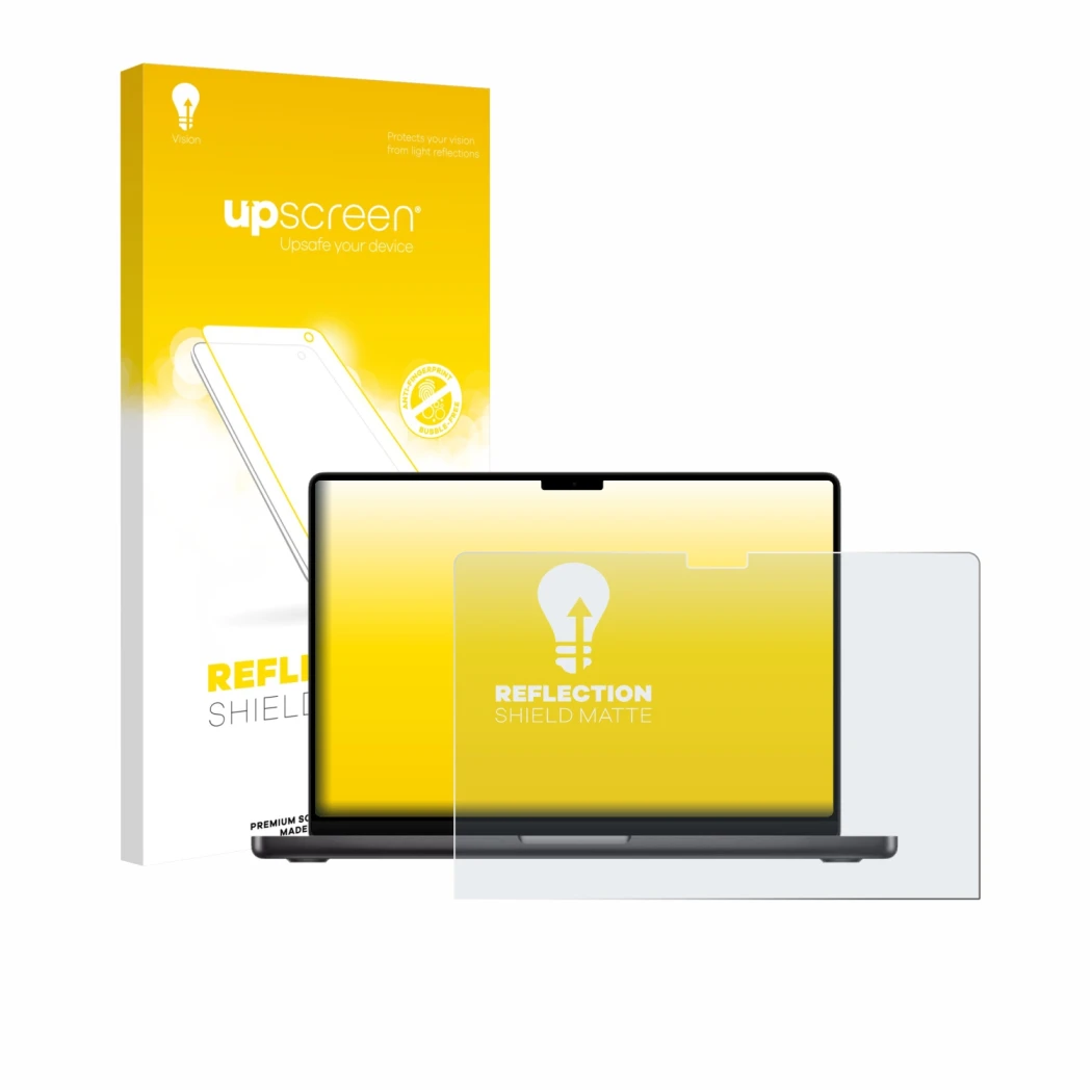 Parte frontal de un envase de producto con el logotipo de la marca upscreen. Al lado se muestra el dispositivo Apple MacBook P