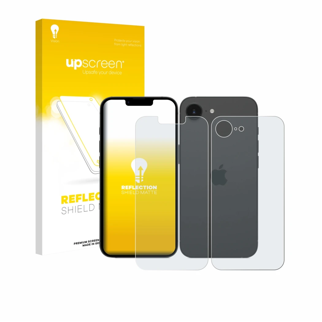 Parte frontal de un envase de producto con el logotipo de la marca upscreen. Al lado se muestra el dispositivo Apple iPhone 17