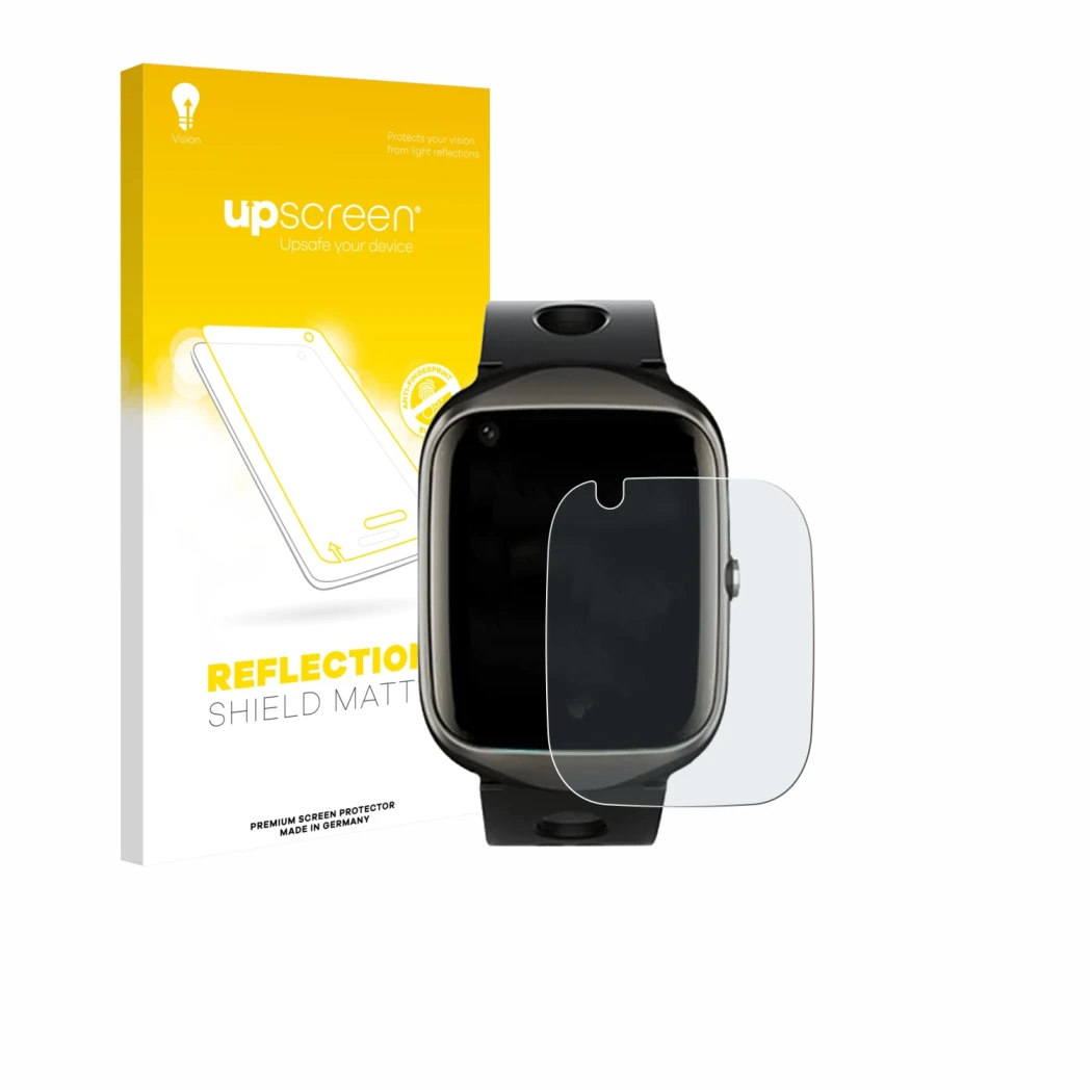 Parte frontal de un envase de producto con el logotipo de la marca upscreen. Al lado se muestra el dispositivo ABUBU SmartWatc