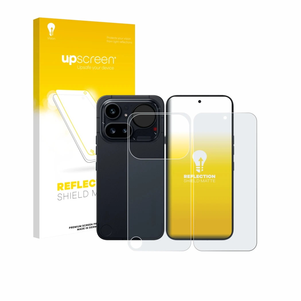 Parte frontal de un envase de producto con el logotipo de la marca upscreen. Al lado se muestra el dispositivo Nothing Phone (