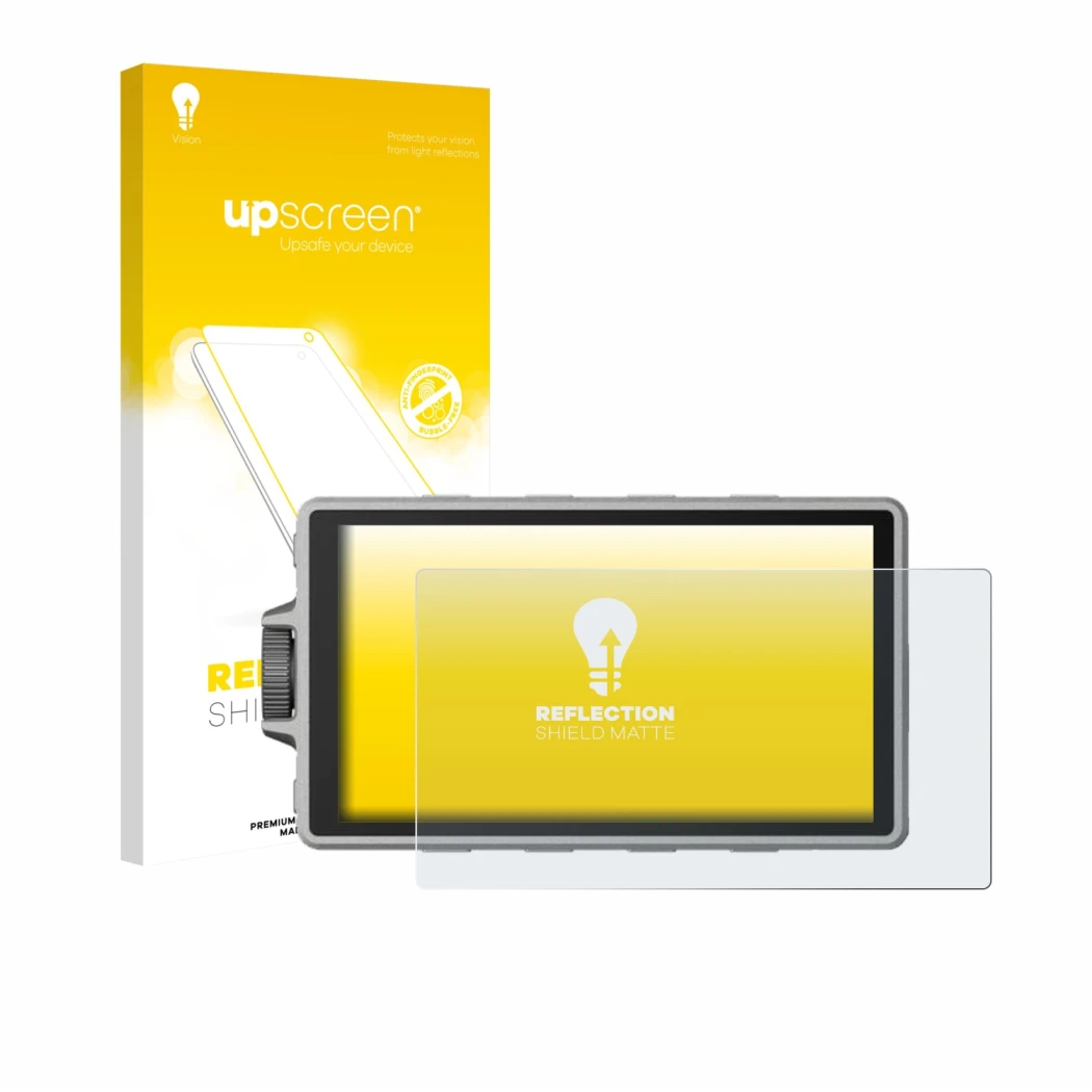 Parte frontal de un envase de producto con el logotipo de la marca upscreen. Al lado se muestra el dispositivo DJI Ronin 4D co