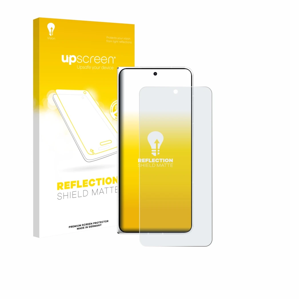 Parte frontal de un envase de producto con el logotipo de la marca upscreen. Al lado se muestra el dispositivo Oppo Find N6 co