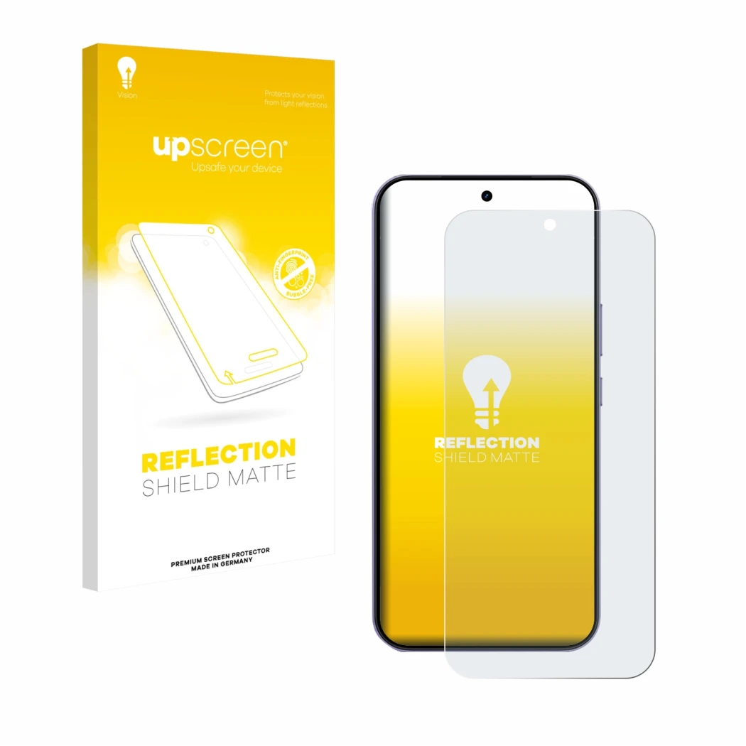 Parte frontal de un envase de producto con el logotipo de la marca upscreen. Al lado se muestra el dispositivo realme 16 Pro c