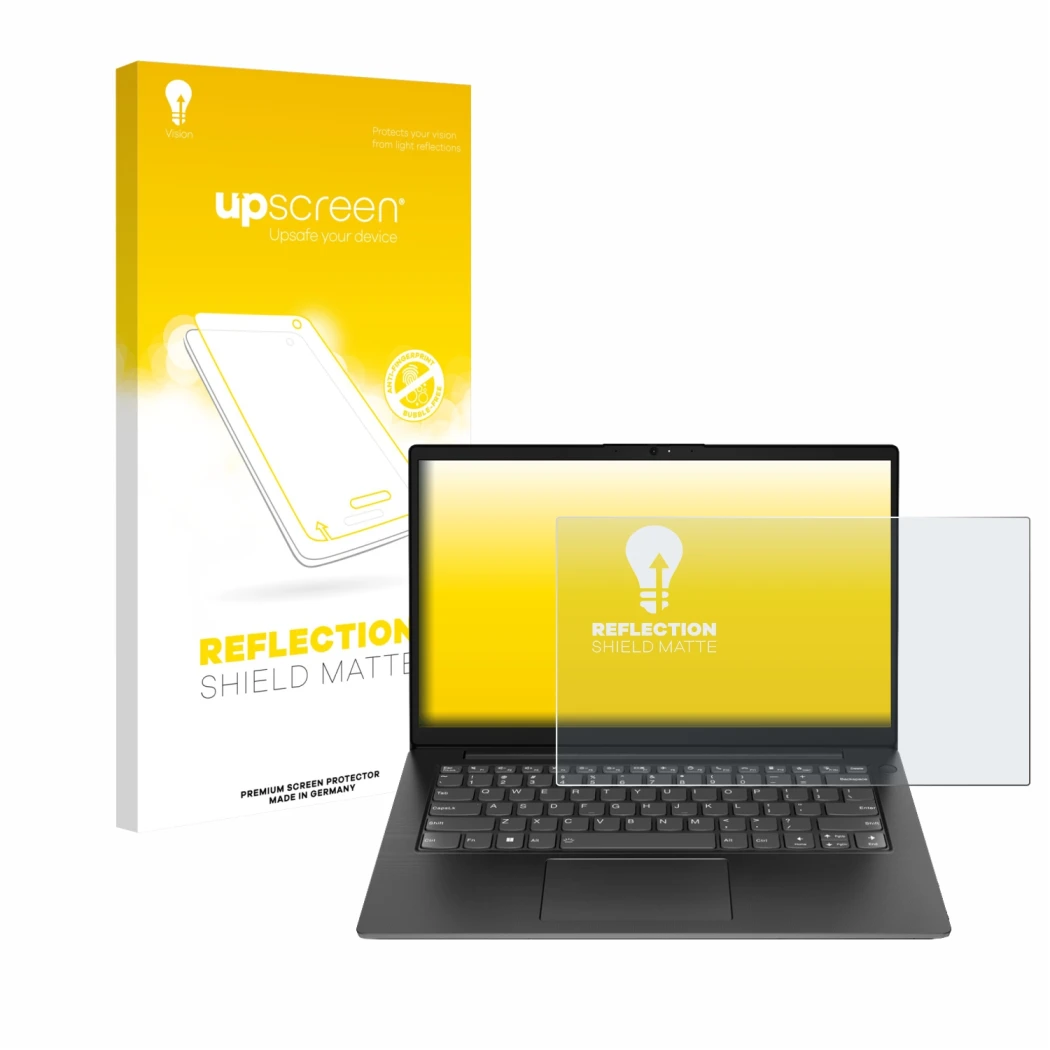 Parte frontal de un envase de producto con el logotipo de la marca upscreen. Al lado se muestra el dispositivo Lenovo V14 Gen