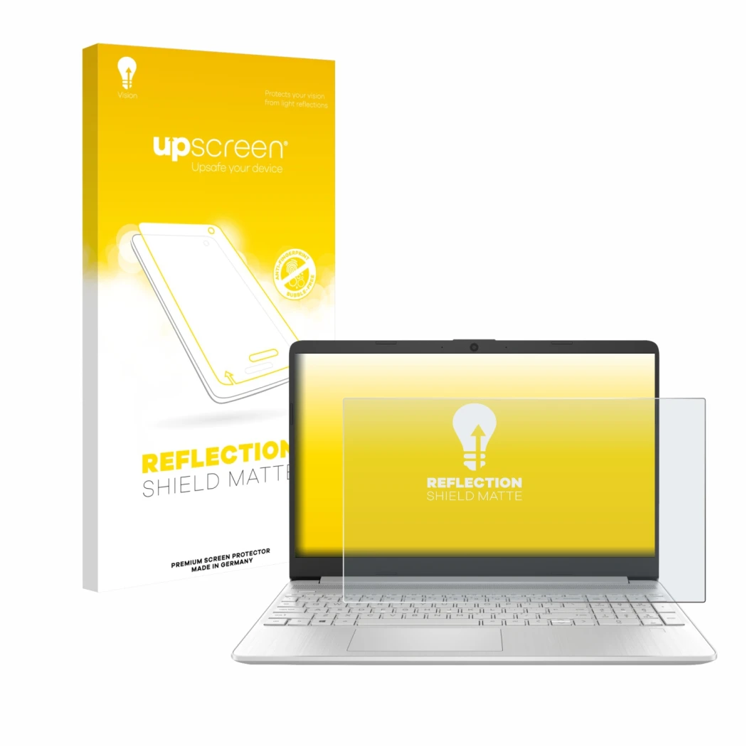 Parte frontal de un envase de producto con el logotipo de la marca upscreen. Al lado se muestra el dispositivo HP 15s-fq2000 c