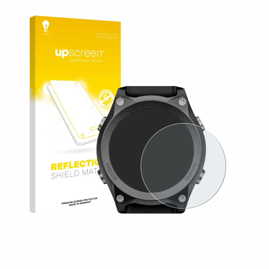 Parte frontal de un envase de producto con el logotipo de la marca upscreen. Al lado se muestra el dispositivo Mares Sirius co