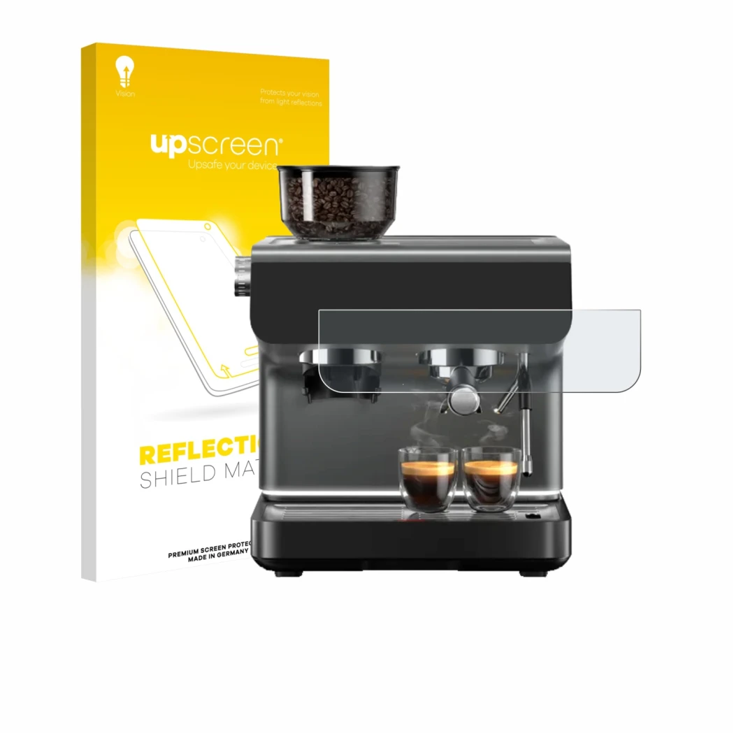 Parte frontal de un envase de producto con el logotipo de la marca upscreen. Al lado se muestra el dispositivo WMF Espresso Pr
