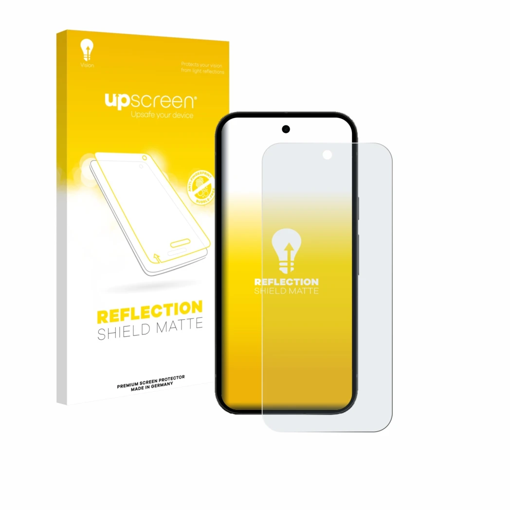 Parte frontal de un envase de producto con el logotipo de la marca upscreen. Al lado se muestra el dispositivo Google Pixel 10