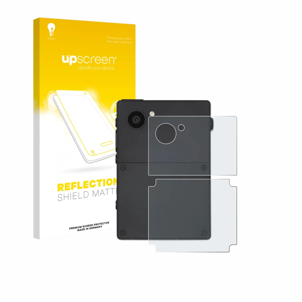 Parte frontal de un envase de producto con el logotipo de la marca upscreen. Al lado se muestra el dispositivo Light Phone 3 (