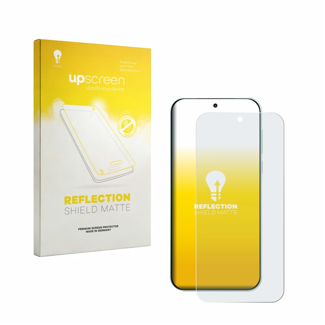 Parte frontal de un envase de producto con el logotipo de la marca upscreen. Al lado se muestra el dispositivo OnePlus Nord 6
