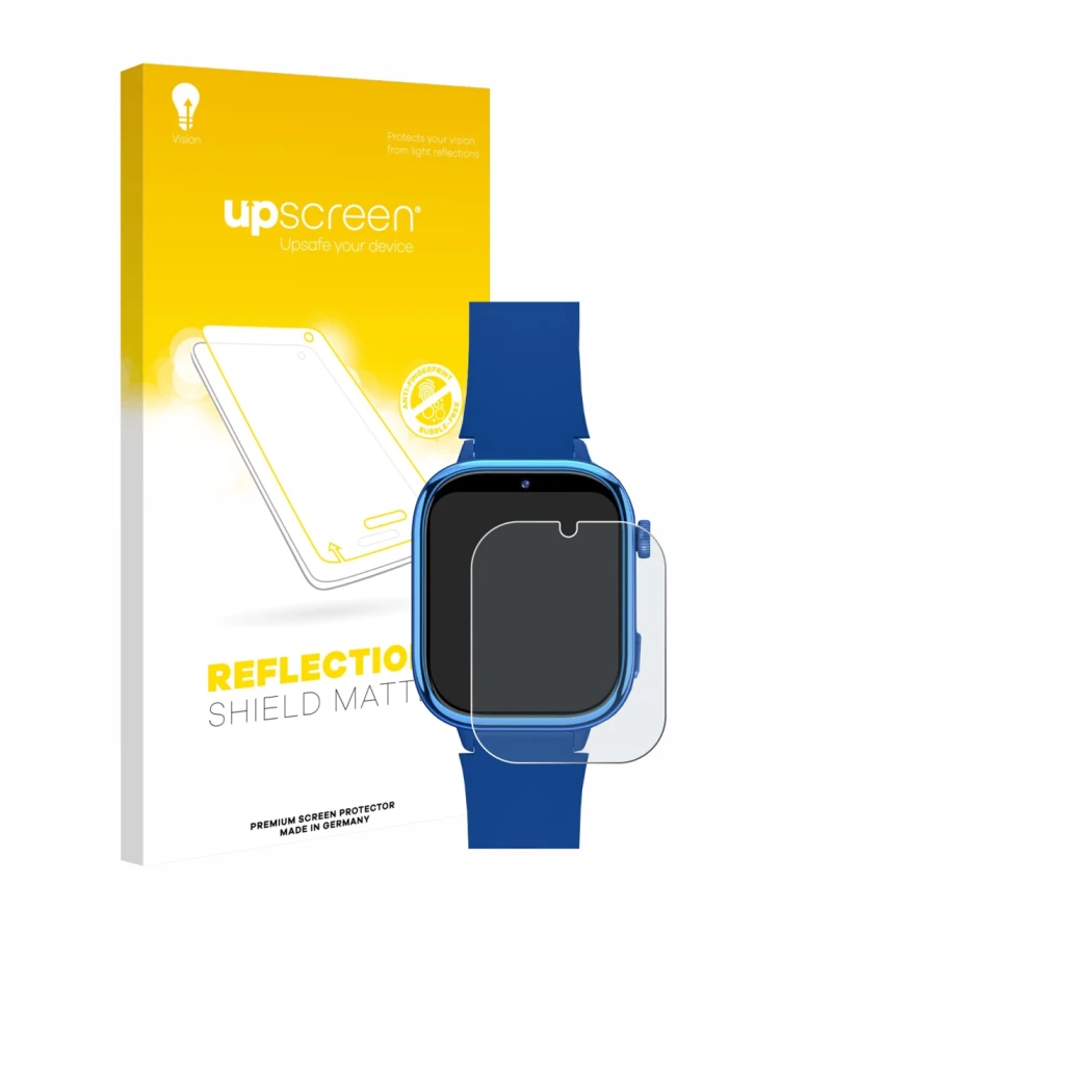 Parte frontal de un envase de producto con el logotipo de la marca upscreen. Al lado se muestra el dispositivo whraills Kids S