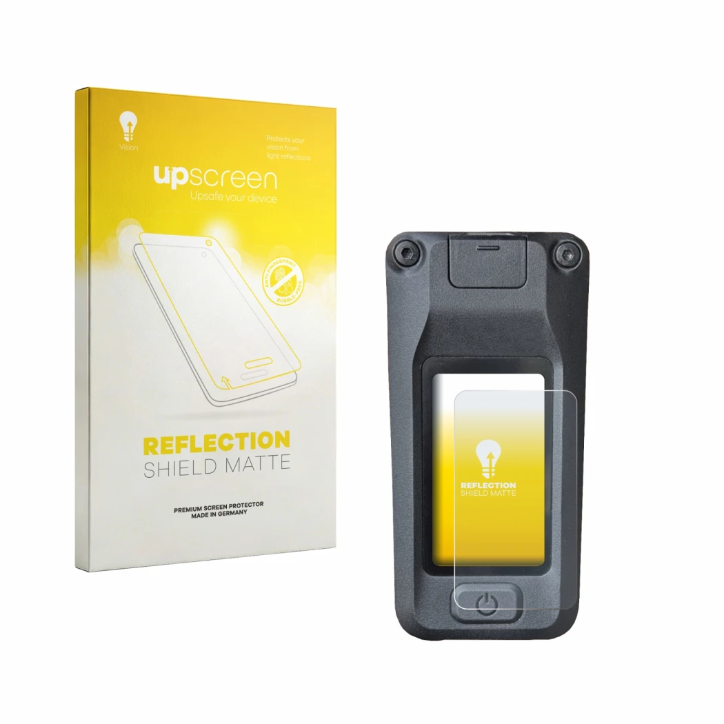 Parte frontal de un envase de producto con el logotipo de la marca upscreen. Al lado se muestra el dispositivo Amflow DJI Avin