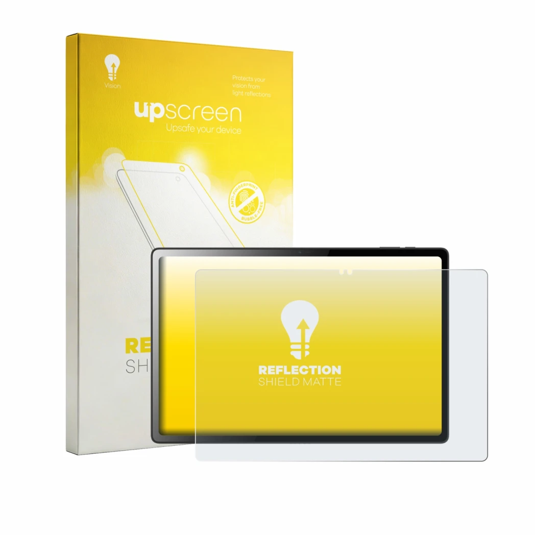 Parte frontal de un envase de producto con el logotipo de la marca upscreen. Al lado se muestra el dispositivo Logicom Tab XL