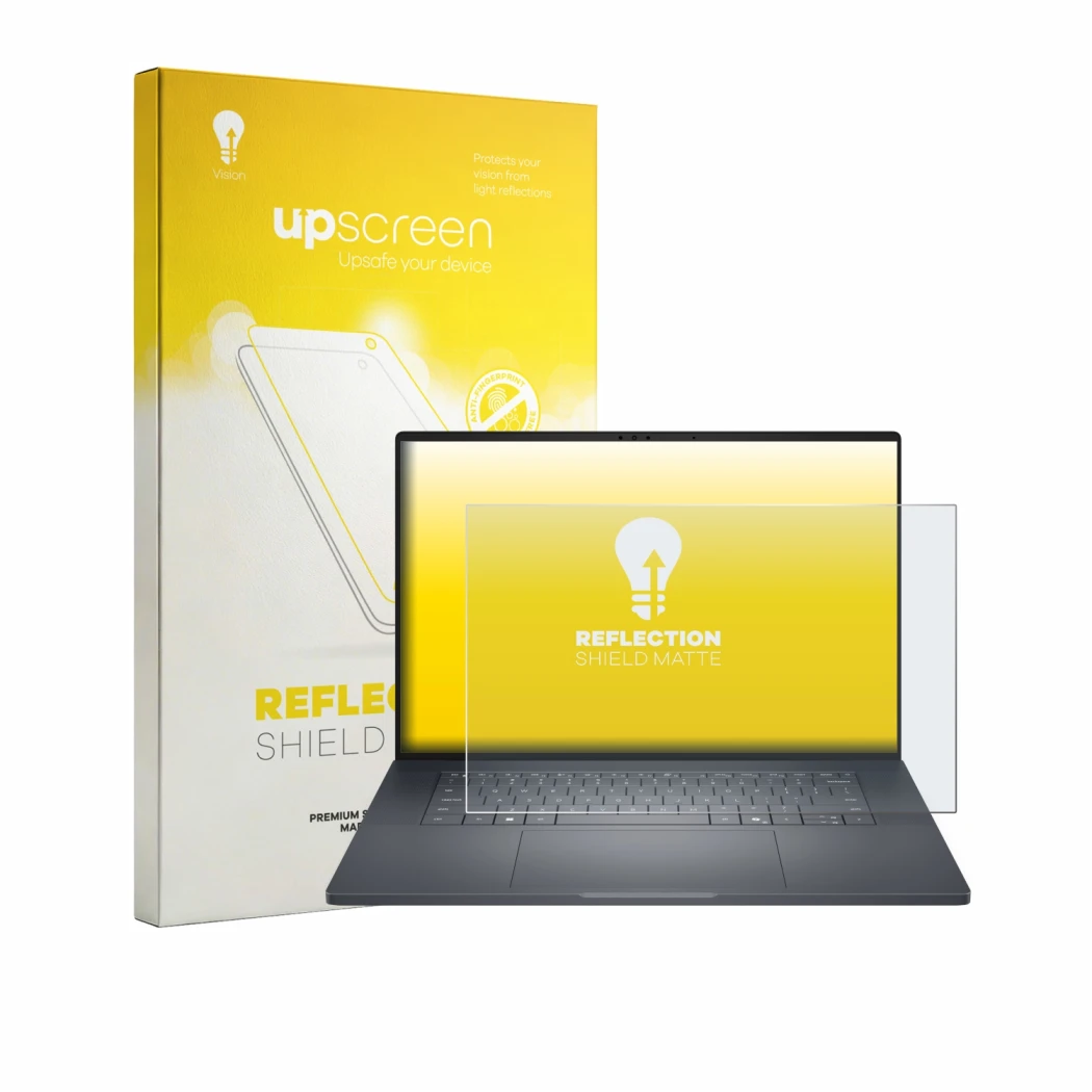 Parte frontal de un envase de producto con el logotipo de la marca upscreen. Al lado se muestra el dispositivo Dell Pro Precis