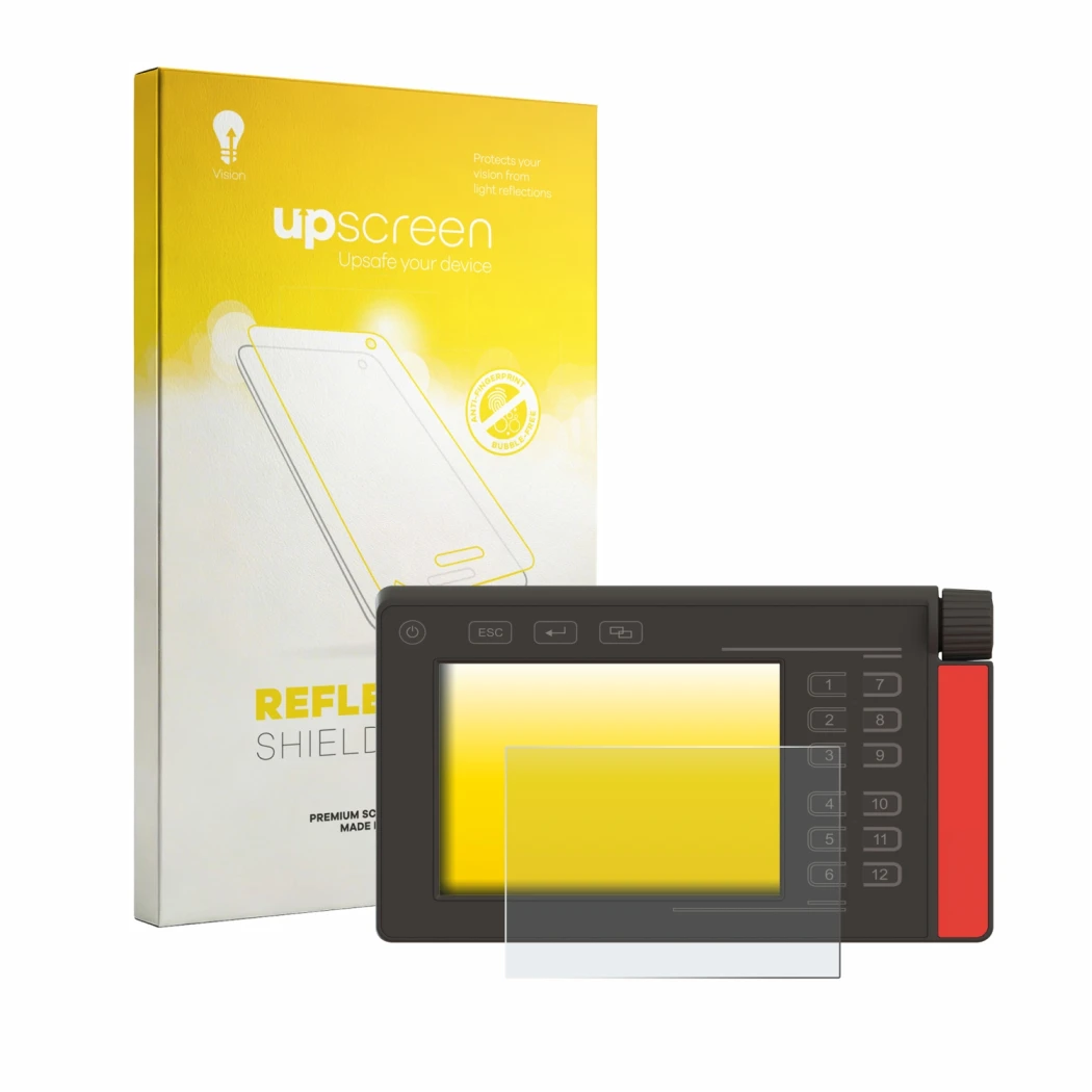 Parte frontal de un envase de producto con el logotipo de la marca upscreen. Al lado se muestra el dispositivo Müller Elektron