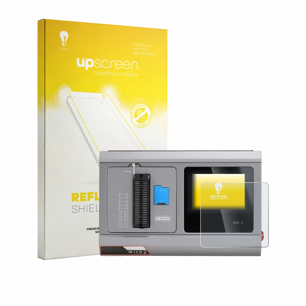 Parte frontal de un envase de producto con el logotipo de la marca upscreen. Al lado se muestra el dispositivo Xhorse Multi-Pr
