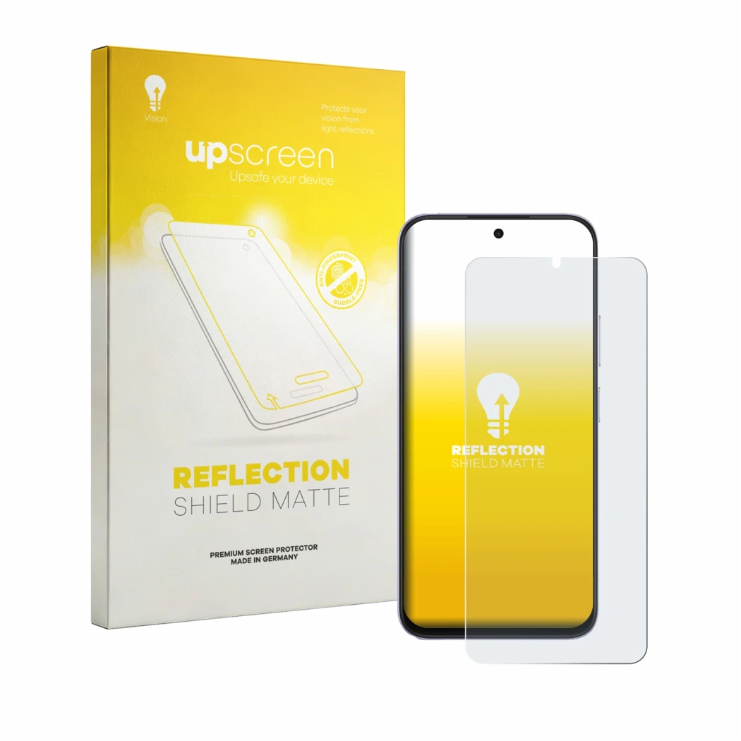 Parte frontal de un envase de producto con el logotipo de la marca upscreen. Al lado se muestra el dispositivo Honor Play 80 c