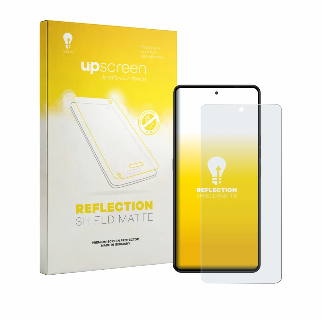 Parte frontal de un envase de producto con el logotipo de la marca upscreen. Al lado se muestra el dispositivo Gigaset GS6 Pro