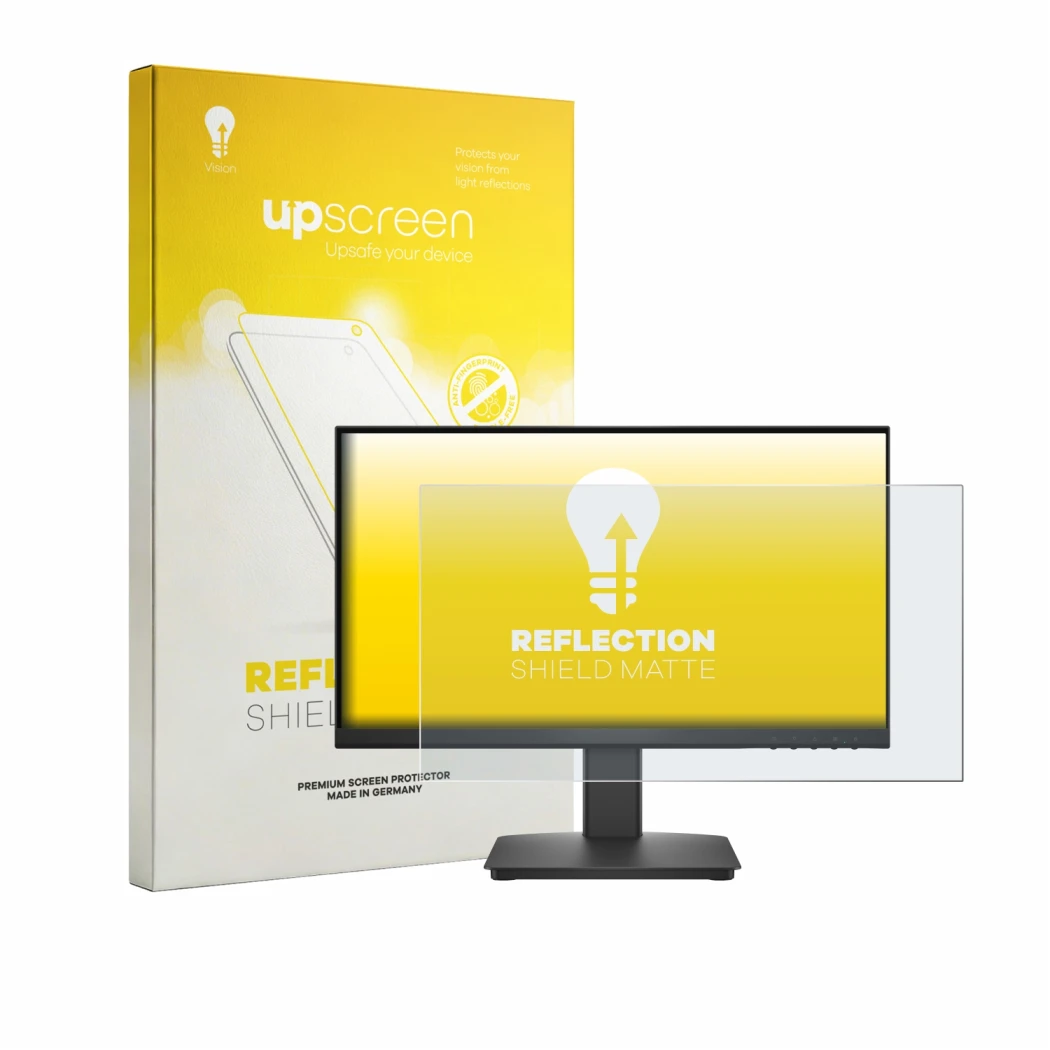 Parte frontal de un envase de producto con el logotipo de la marca upscreen. Al lado se muestra el dispositivo Dell 22 SE2225H