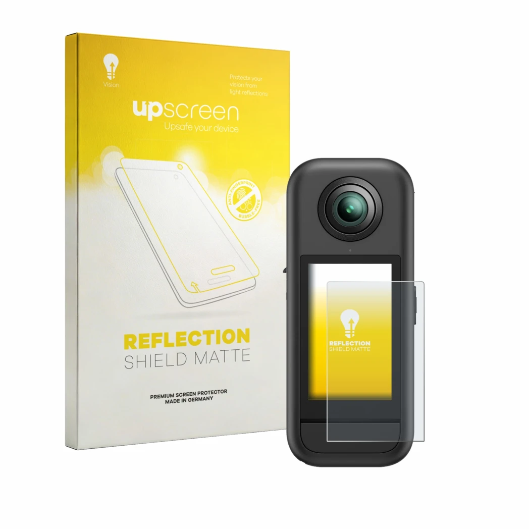 Parte frontal de un envase de producto con el logotipo de la marca upscreen. Al lado se muestra el dispositivo Akaso 360 con s