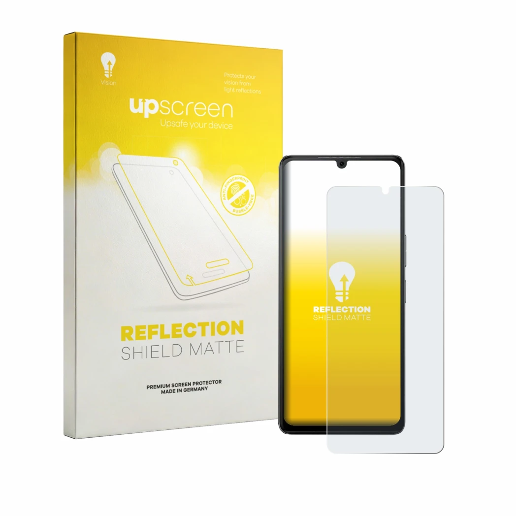 Parte frontal de un envase de producto con el logotipo de la marca upscreen. Al lado se muestra el dispositivo Cubot P90 con s