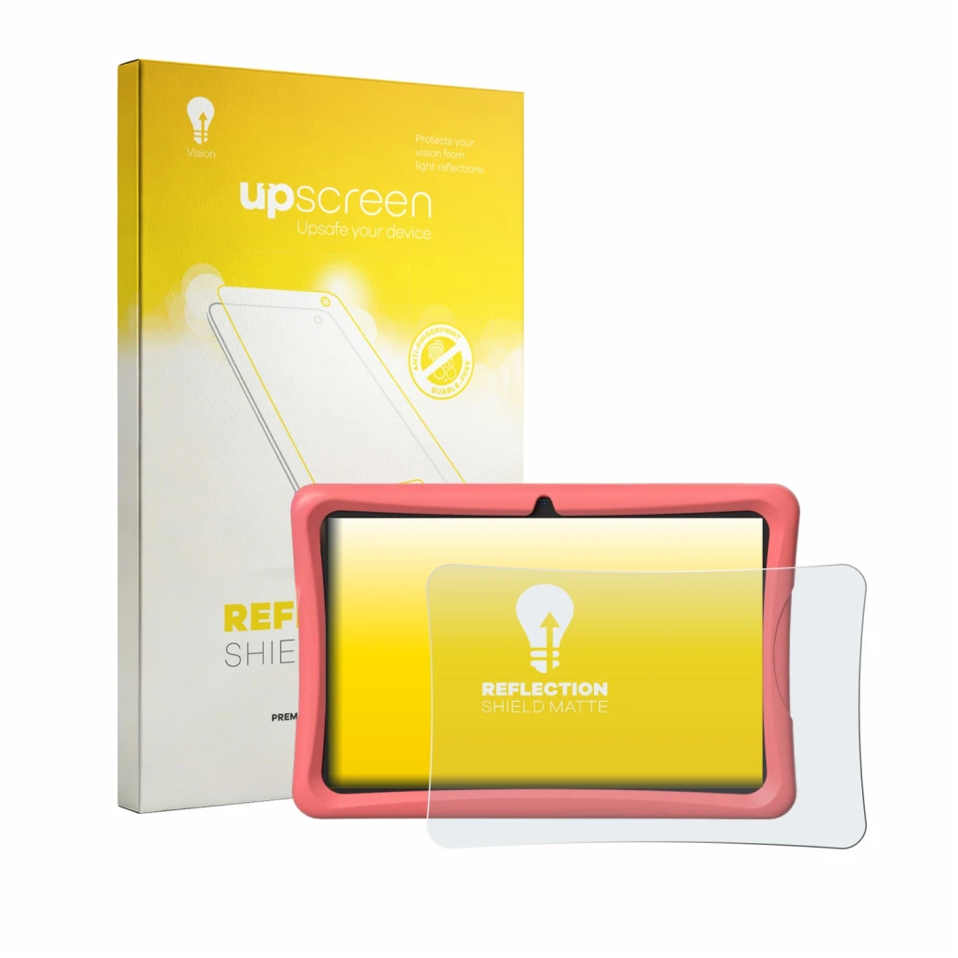 Parte frontal de un envase de producto con el logotipo de la marca upscreen. Al lado se muestra el dispositivo Tabwee K10 con 