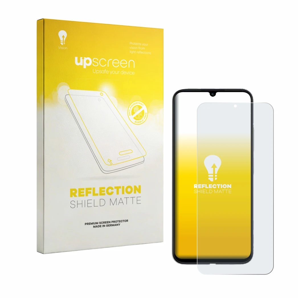 Parte frontal de un envase de producto con el logotipo de la marca upscreen. Al lado se muestra el dispositivo Xiaomi Redmi R7