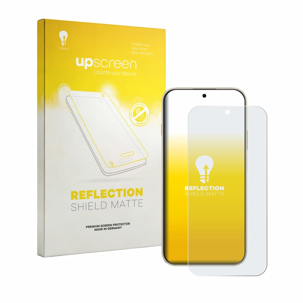 Parte frontal de un envase de producto con el logotipo de la marca upscreen. Al lado se muestra el dispositivo Huawei Enjoy 90
