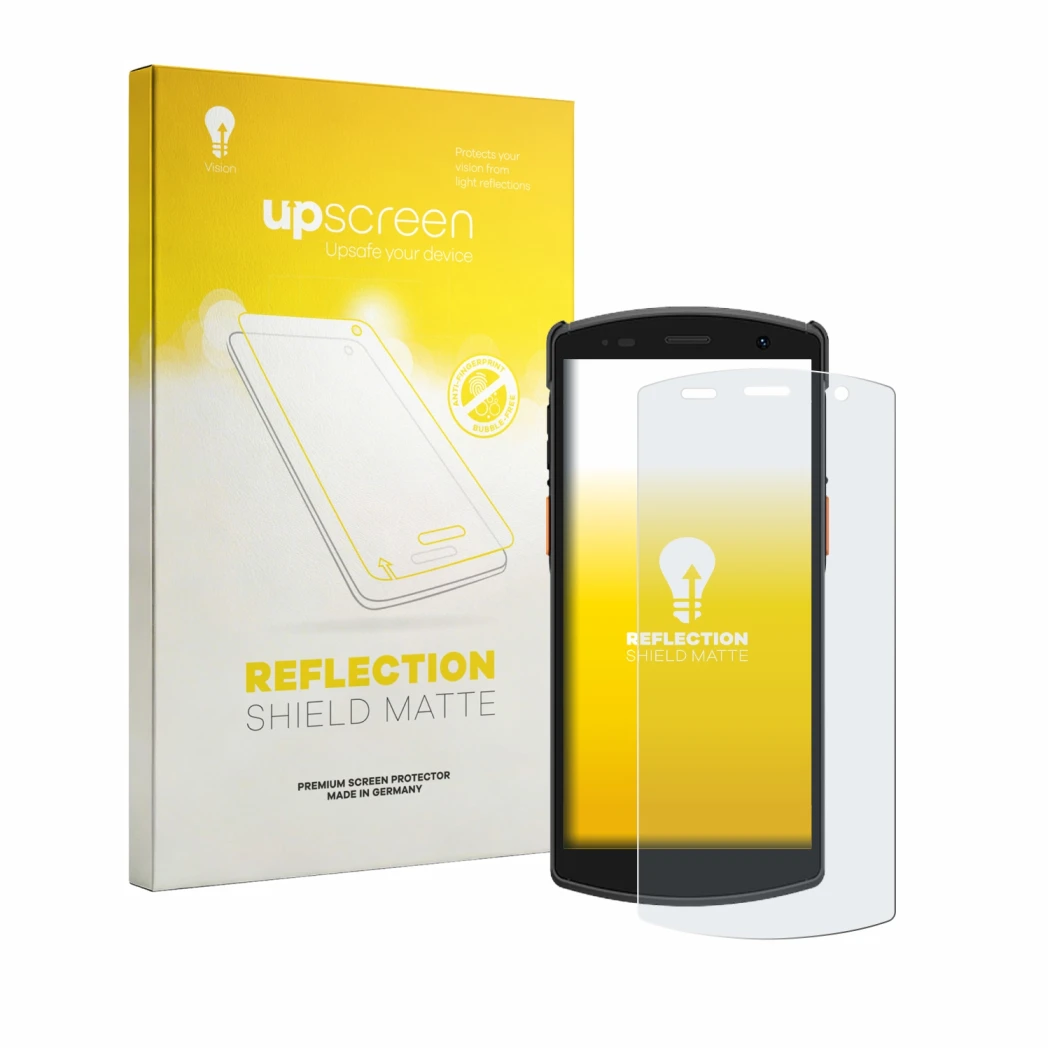 Parte frontal de un envase de producto con el logotipo de la marca upscreen. Al lado se muestra el dispositivo Urovo CT58S con