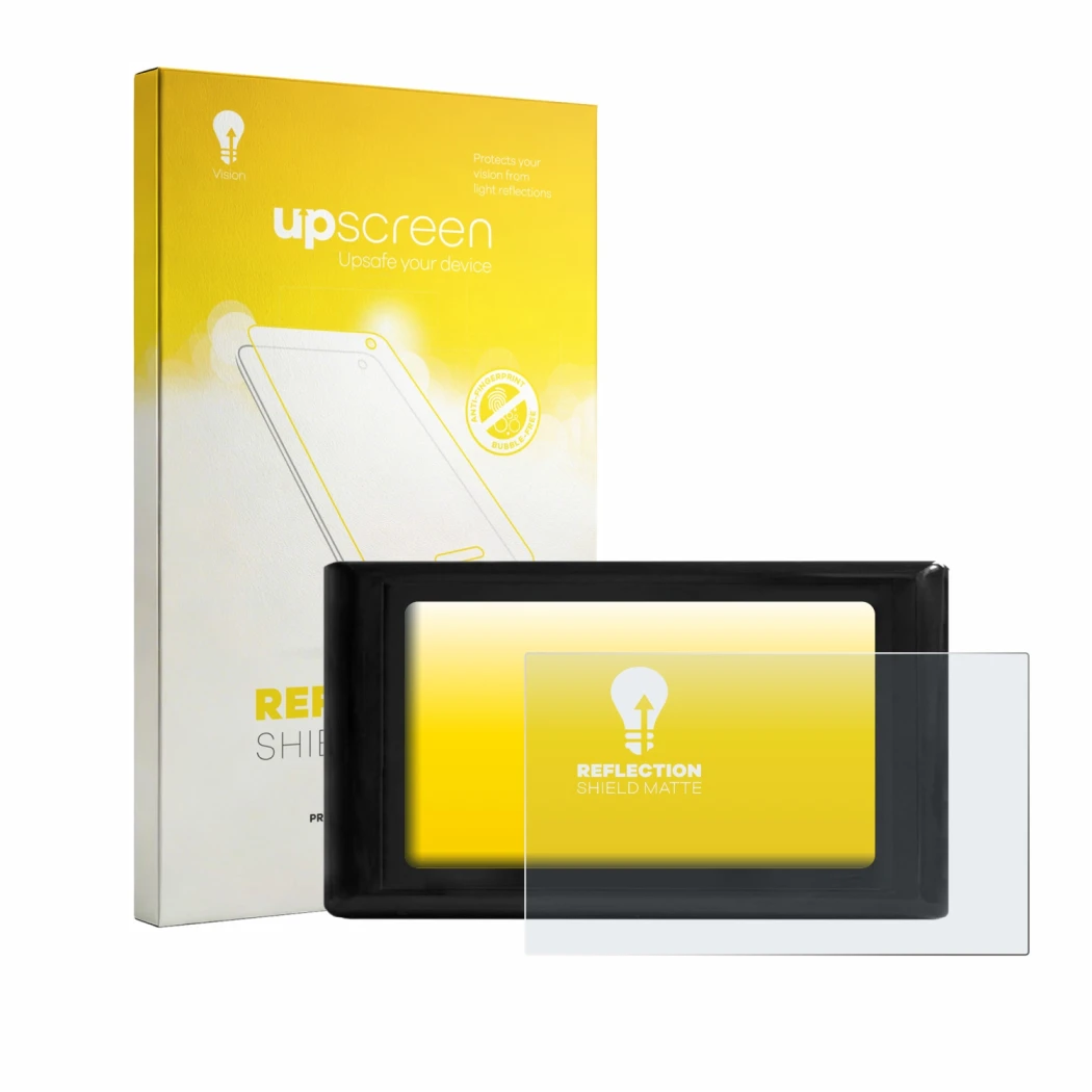 Parte frontal de un envase de producto con el logotipo de la marca upscreen. Al lado se muestra el dispositivo Luocute S966 co