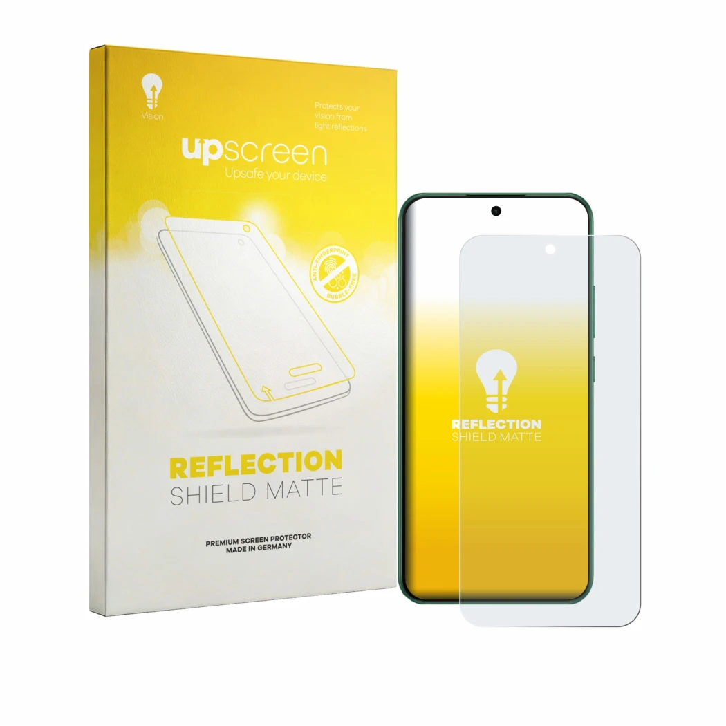 Parte frontal de un envase de producto con el logotipo de la marca upscreen. Al lado se muestra el dispositivo Oppo F33 con su