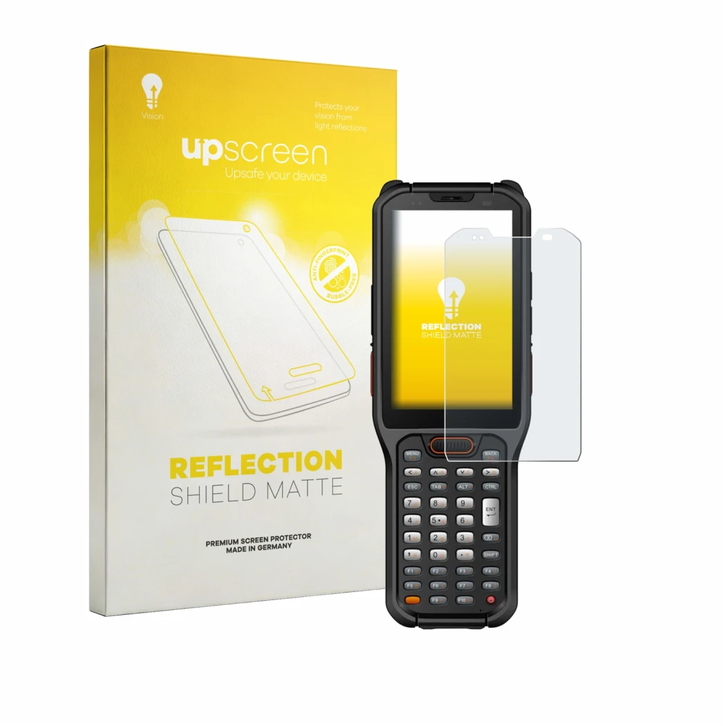Parte frontal de un envase de producto con el logotipo de la marca upscreen. Al lado se muestra el dispositivo Urovo RT40S con