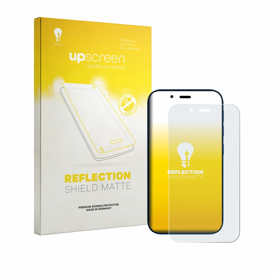 Parte frontal de un envase de producto con el logotipo de la marca upscreen. Al lado se muestra el dispositivo Hisense U964 co
