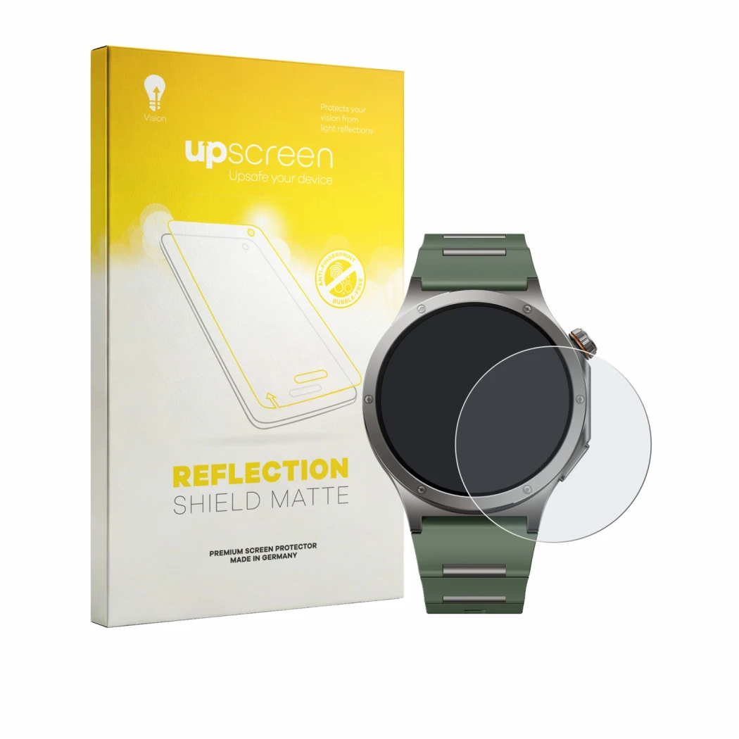 Parte frontal de un envase de producto con el logotipo de la marca upscreen. Al lado se muestra el dispositivo OnePlus Watch 4