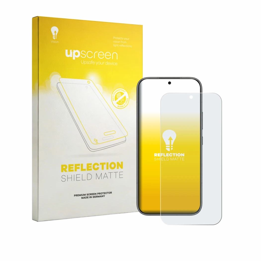 Parte frontal de un envase de producto con el logotipo de la marca upscreen. Al lado se muestra el dispositivo Honor 600 Pro c