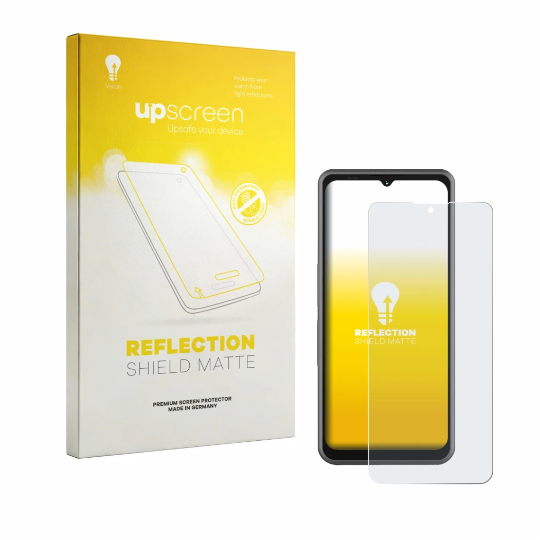 Parte frontal de un envase de producto con el logotipo de la marca upscreen. Al lado se muestra el dispositivo Sonim XP Pro E 