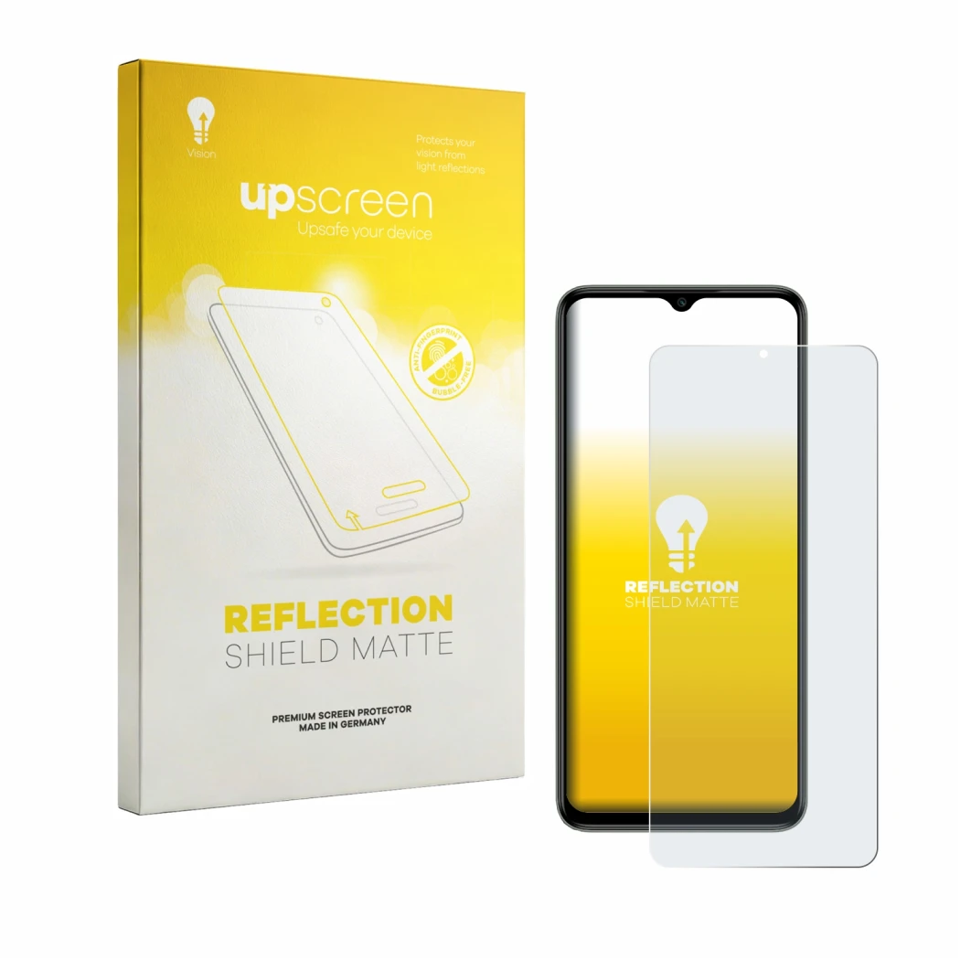 Parte frontal de un envase de producto con el logotipo de la marca upscreen. Al lado se muestra el dispositivo Itel Zeno 100 c