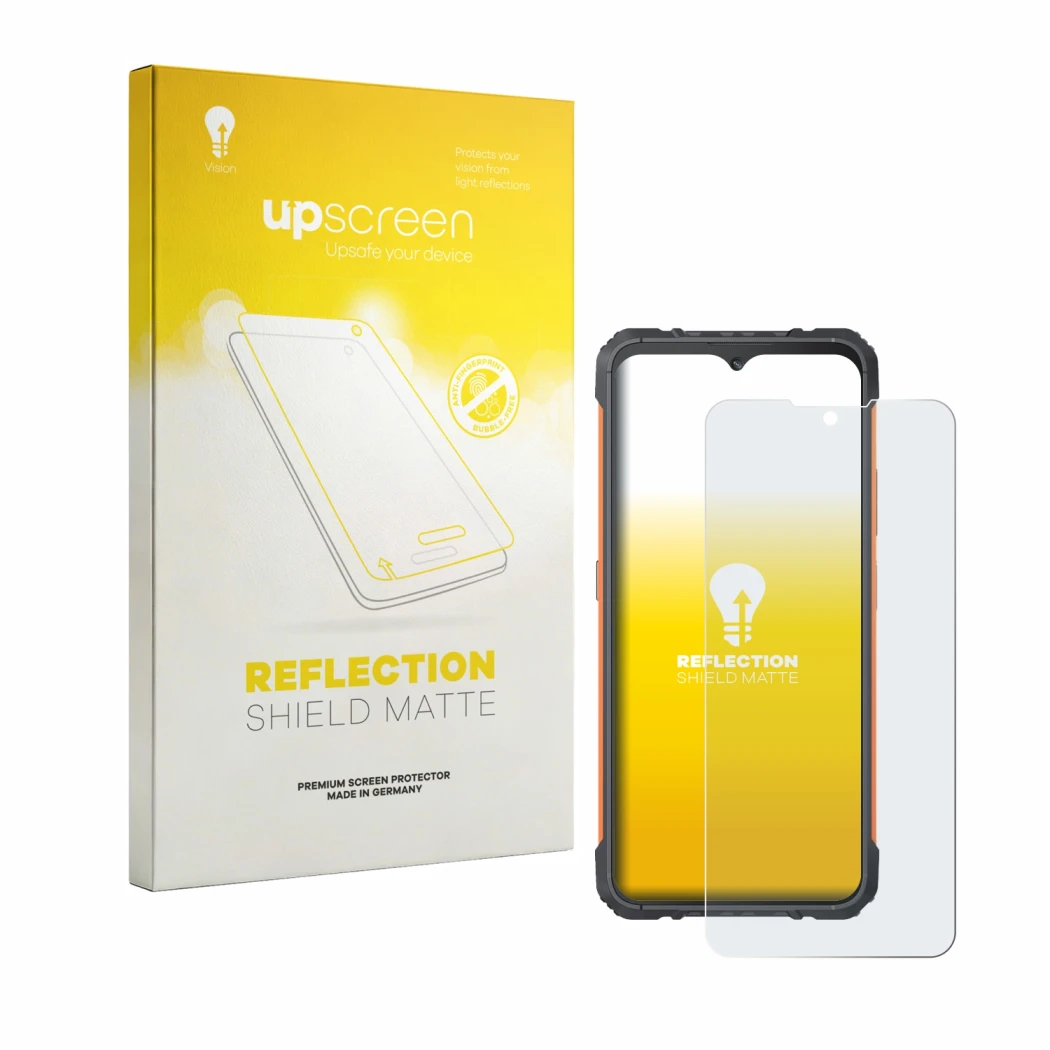 Parte frontal de un envase de producto con el logotipo de la marca upscreen. Al lado se muestra el dispositivo Cubot KingKong