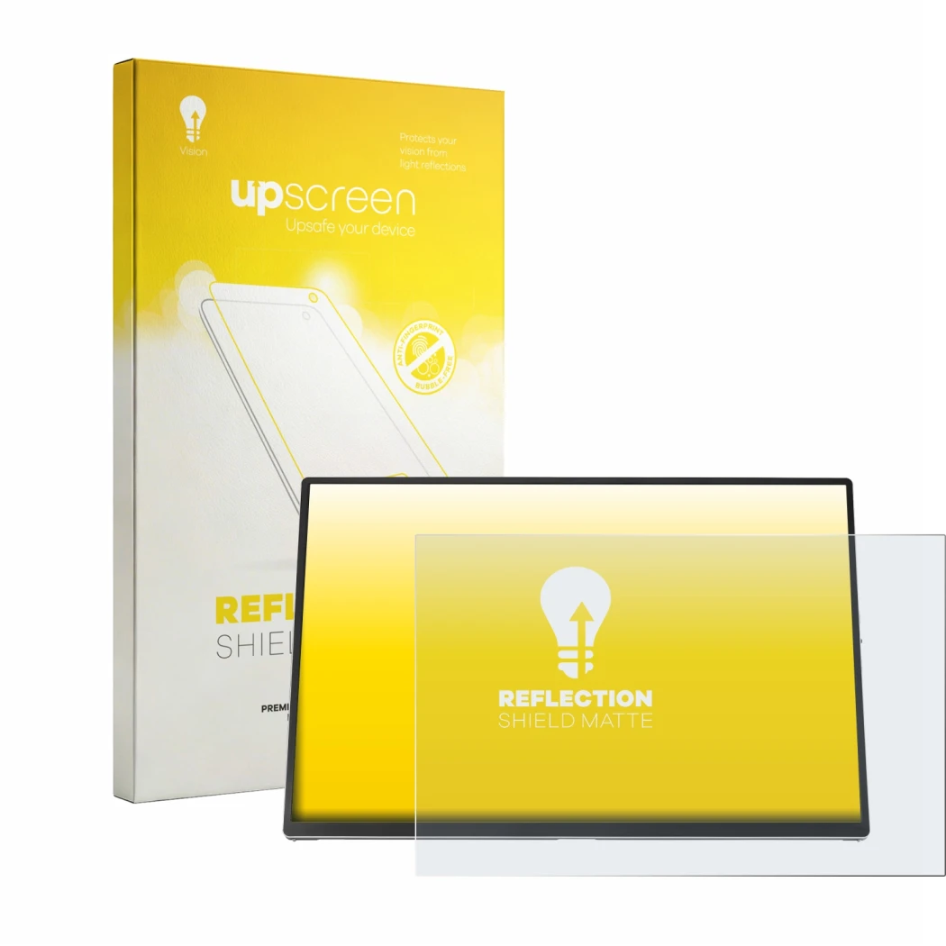 Parte frontal de un envase de producto con el logotipo de la marca upscreen. Al lado se muestra el dispositivo ASUS ZenScreen 